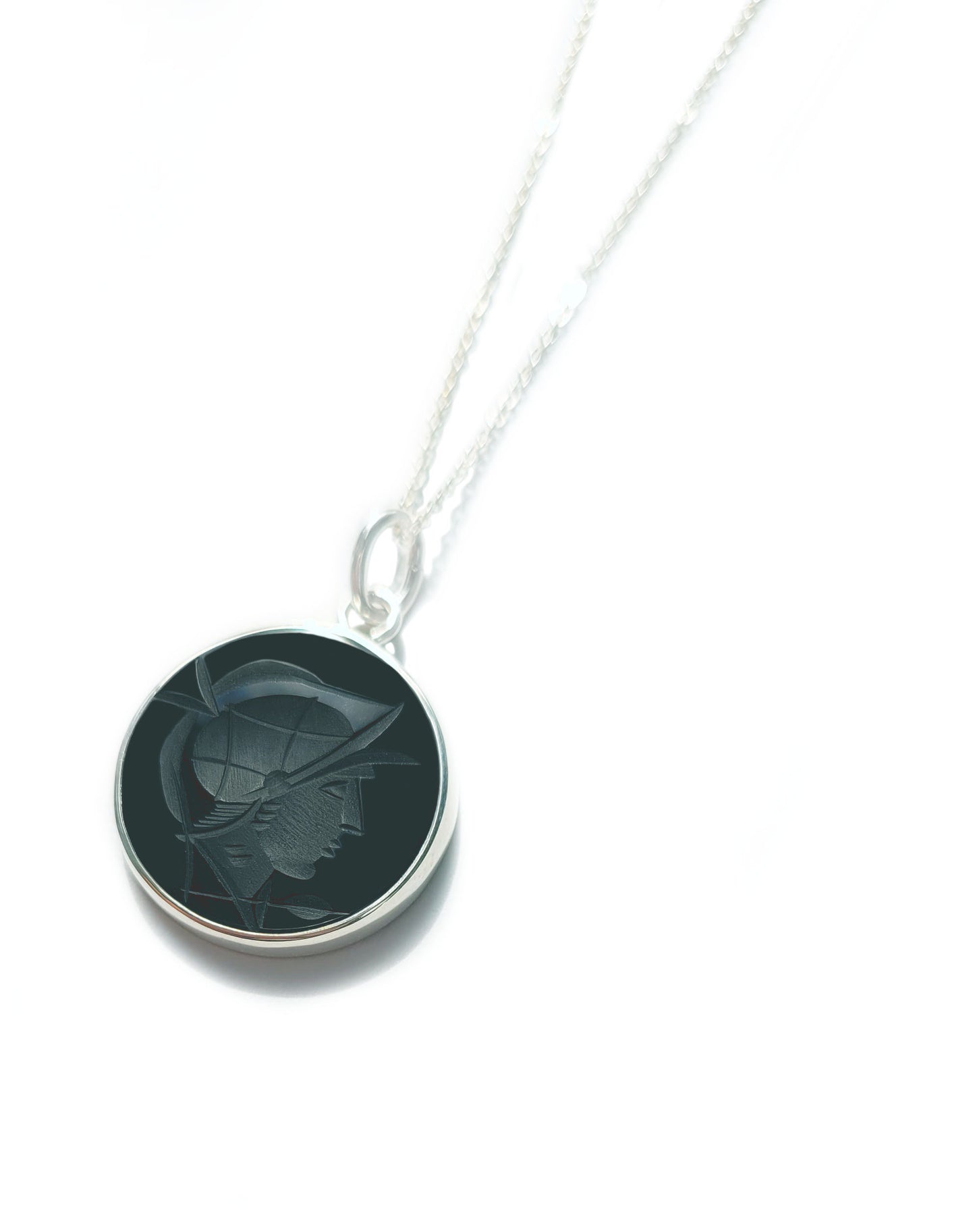 Black Onyx Warrior Intaglio Necklace in Sterling Silver