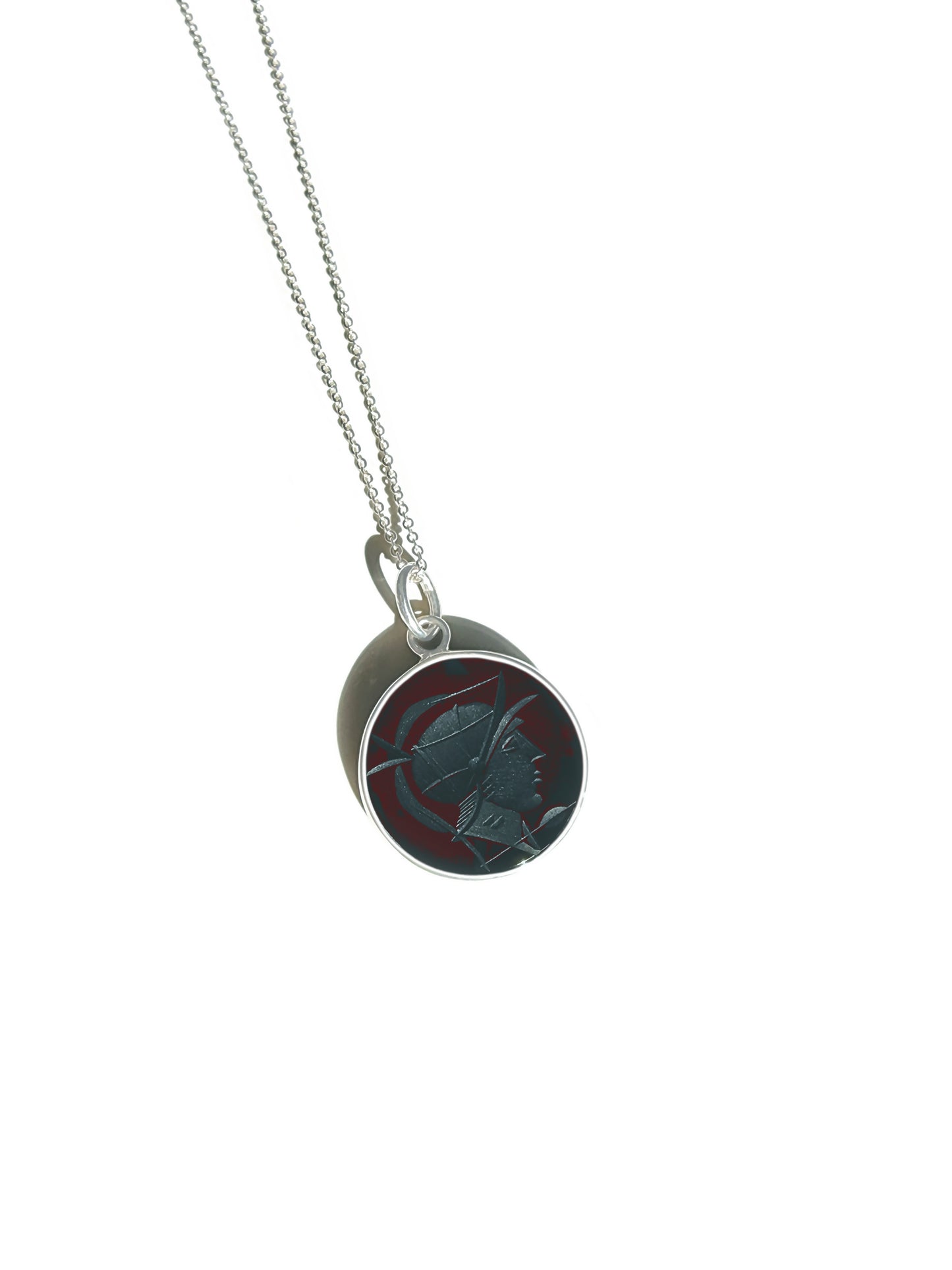 Black Onyx Warrior Intaglio Necklace in Sterling Silver