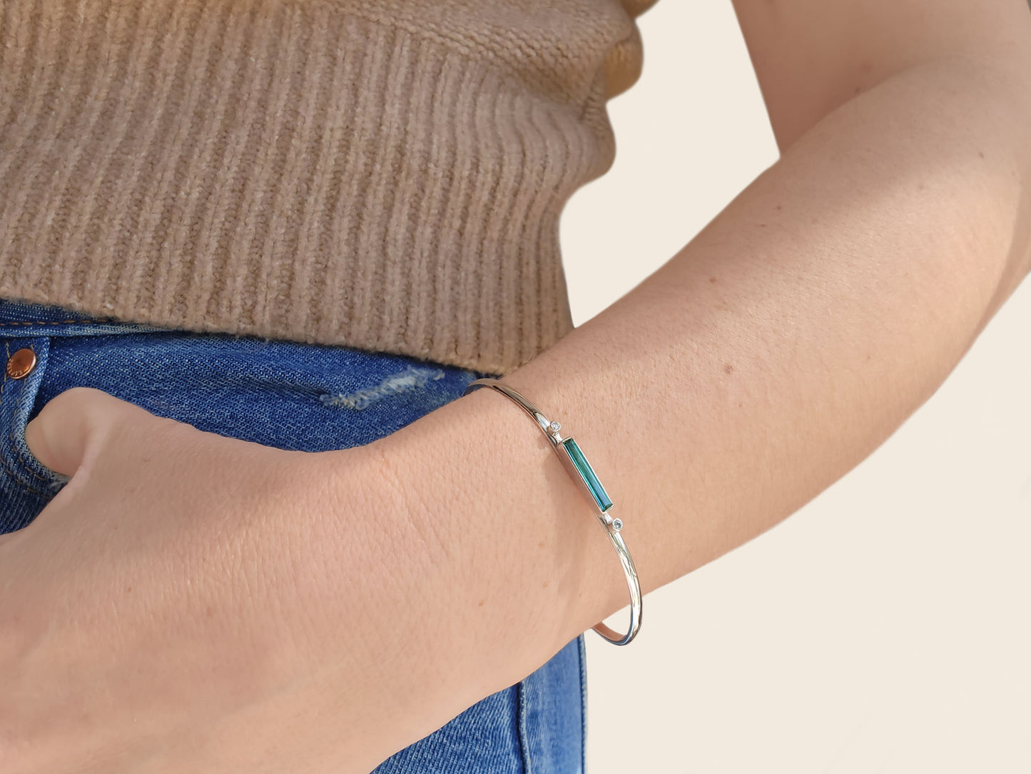 Baguette Cut Blue-Green Tourmaline & Diamond Cuff Bracelet