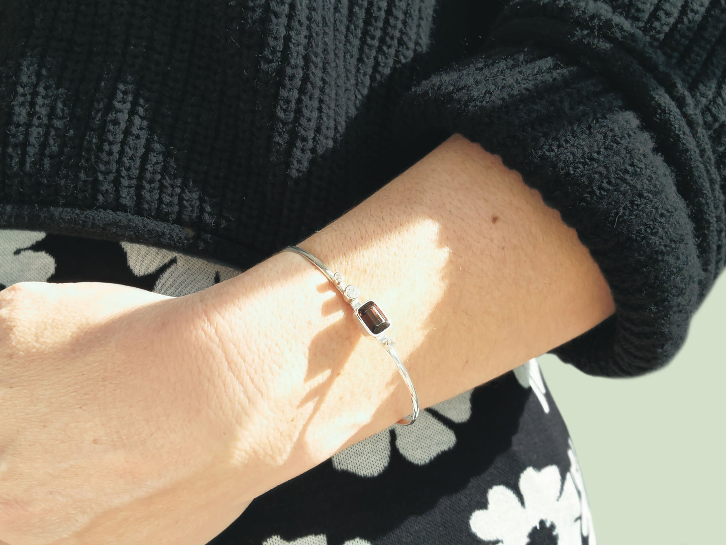 Emerald Cut Tourmaline & Diamond Cuff Bracelet in Sterling Silver