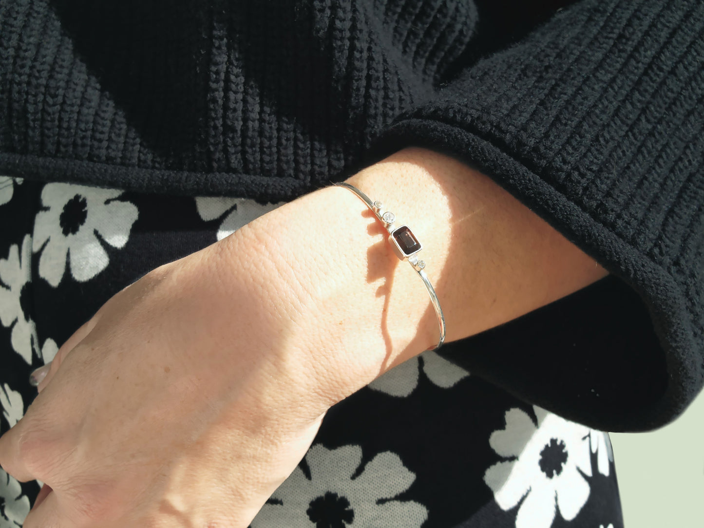 Emerald Cut Tourmaline & Diamond Cuff Bracelet in Sterling Silver