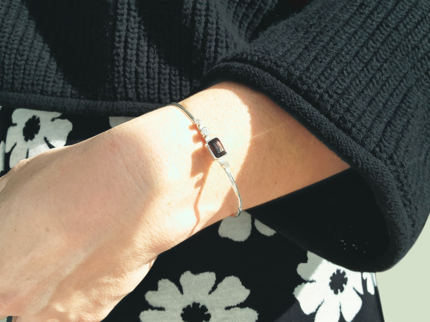 Emerald Cut Tourmaline & Diamond Cuff Bracelet in Sterling Silver