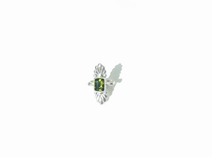 Faceted Emerald Cut Green Tourmaline & Diamond Silver Flower Ring