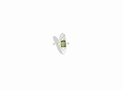 Faceted Emerald Cut Green Tourmaline & Diamond Silver Flower Ring