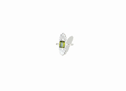 Faceted Emerald Cut Green Tourmaline & Diamond Silver Flower Ring