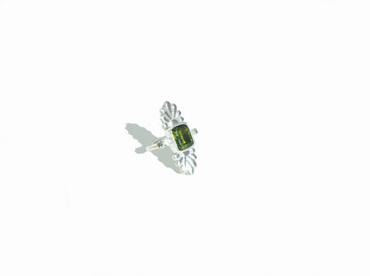 Faceted Emerald Cut Green Tourmaline & Diamond Silver Flower Ring