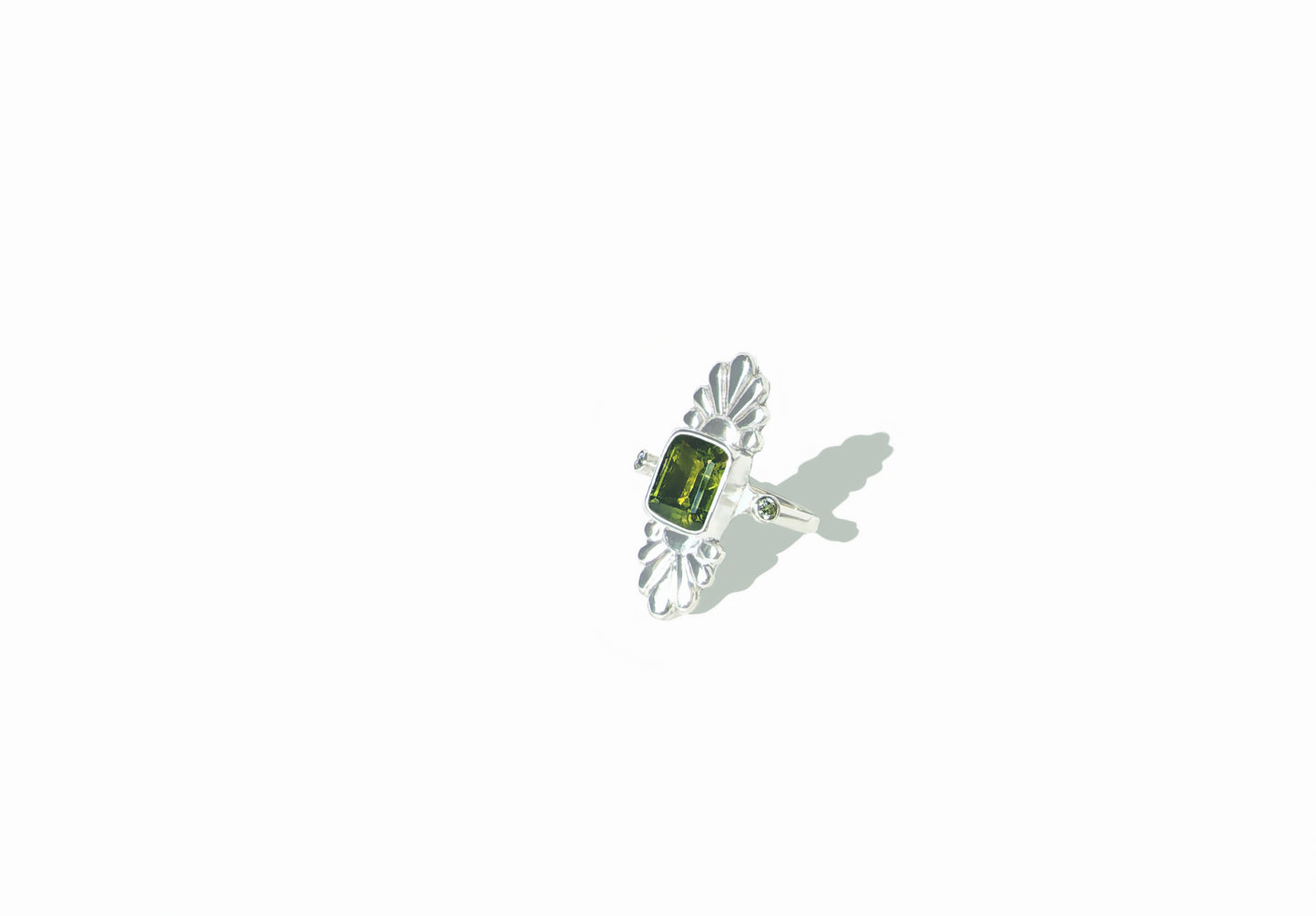 Faceted Emerald Cut Green Tourmaline & Diamond Silver Flower Ring