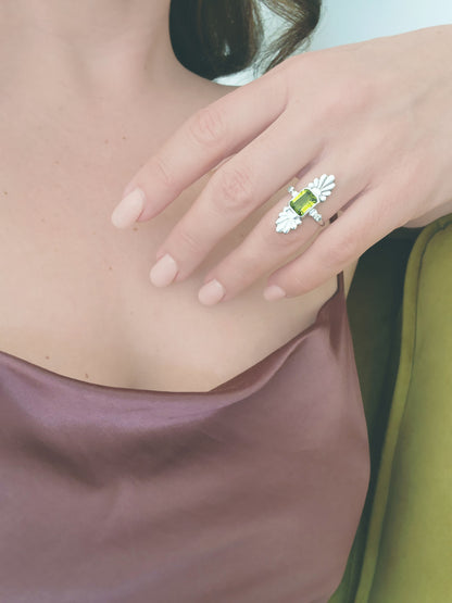 Faceted Emerald Cut Green Tourmaline & Diamond Silver Flower Ring