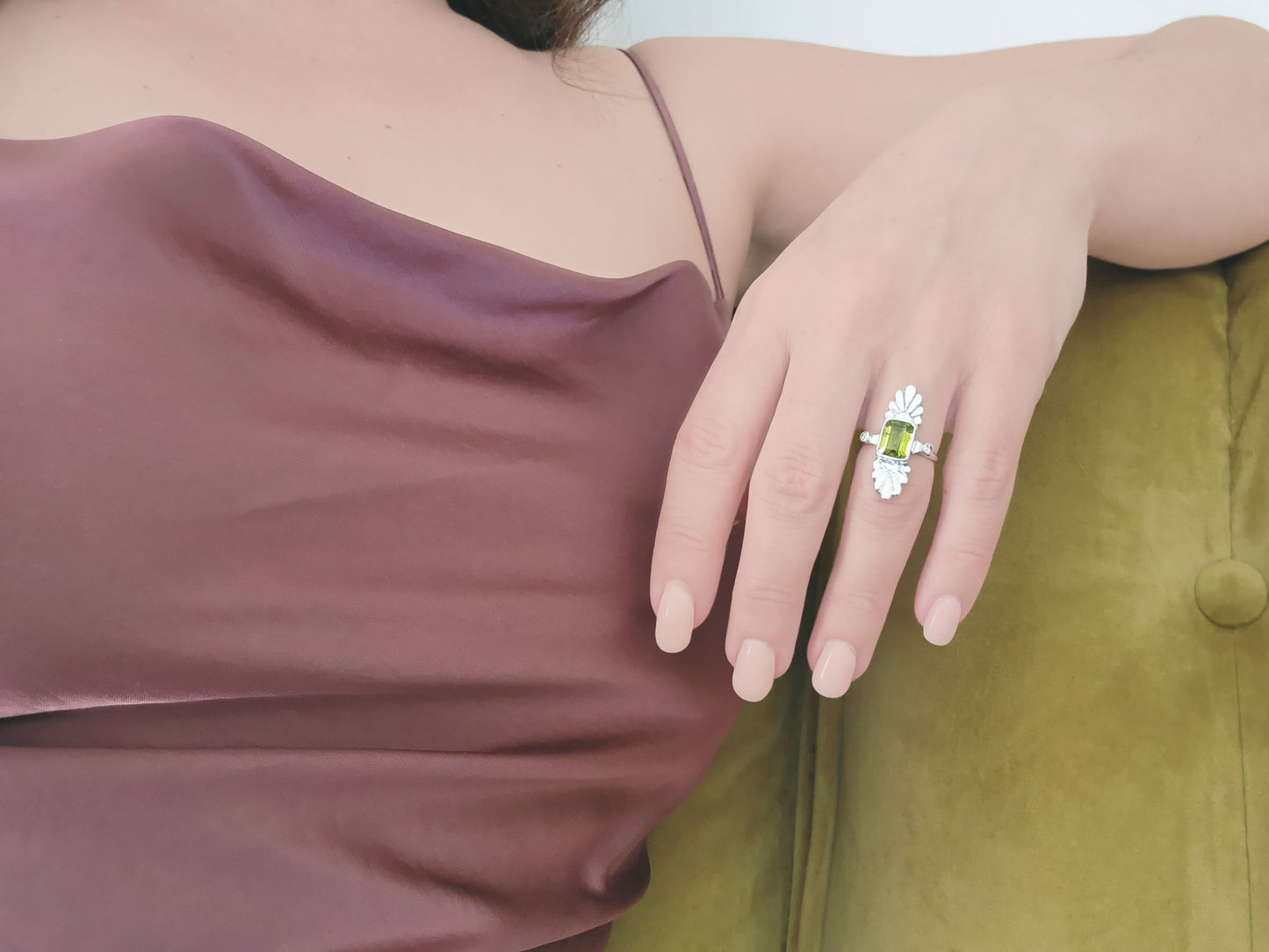 Faceted Emerald Cut Green Tourmaline & Diamond Silver Flower Ring