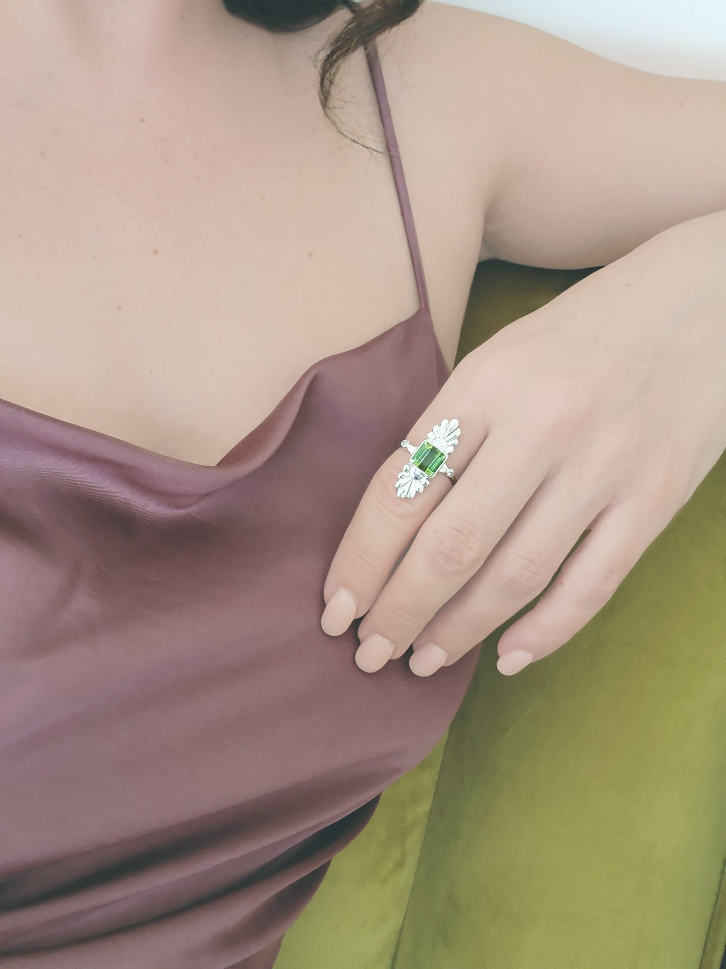 Faceted Square Cut Green Tourmaline & Diamond Silver Flower Ring