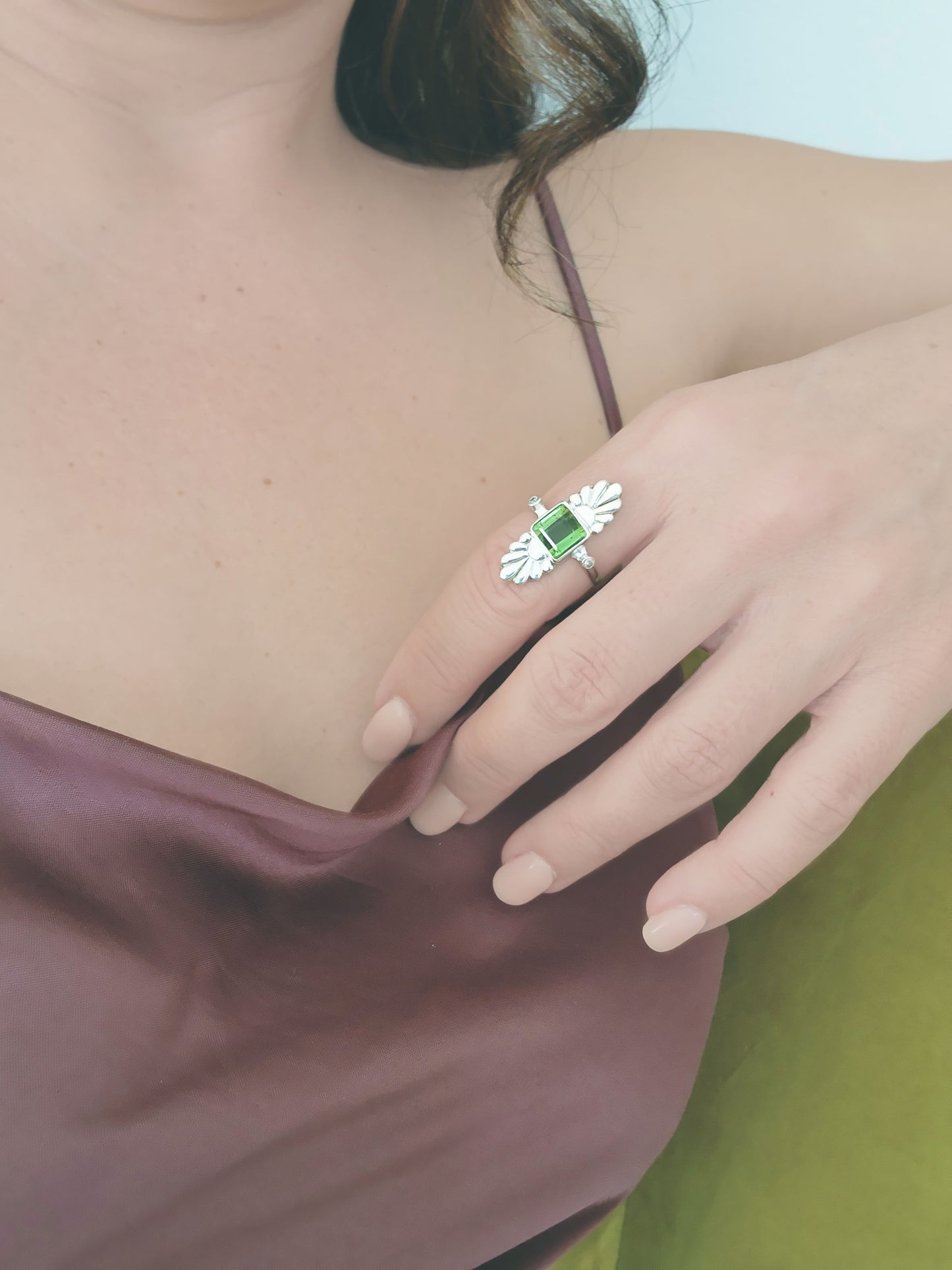 Faceted Square Cut Green Tourmaline & Diamond Silver Flower Ring