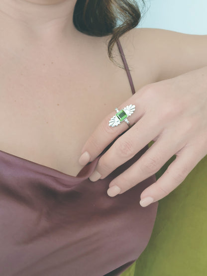 Faceted Square Cut Green Tourmaline & Diamond Silver Flower Ring