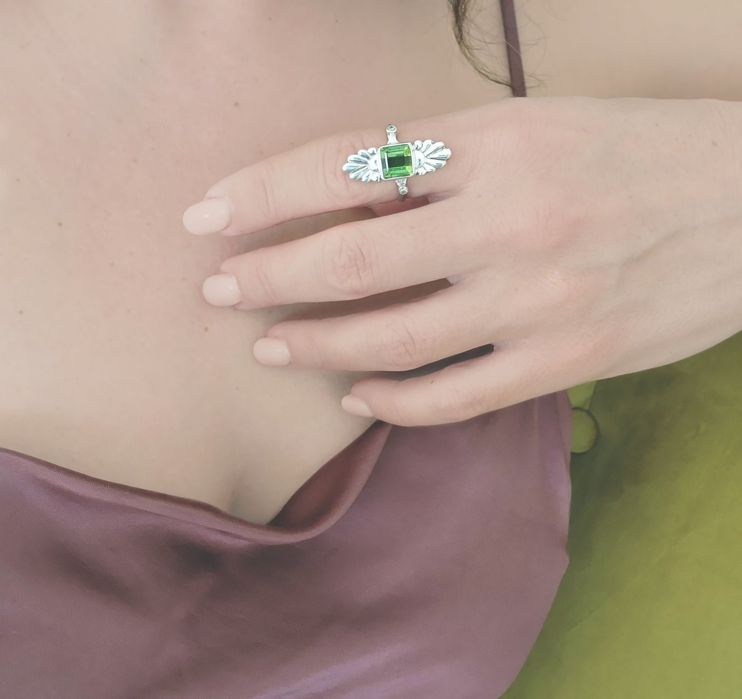 Faceted Square Cut Green Tourmaline & Diamond Silver Flower Ring