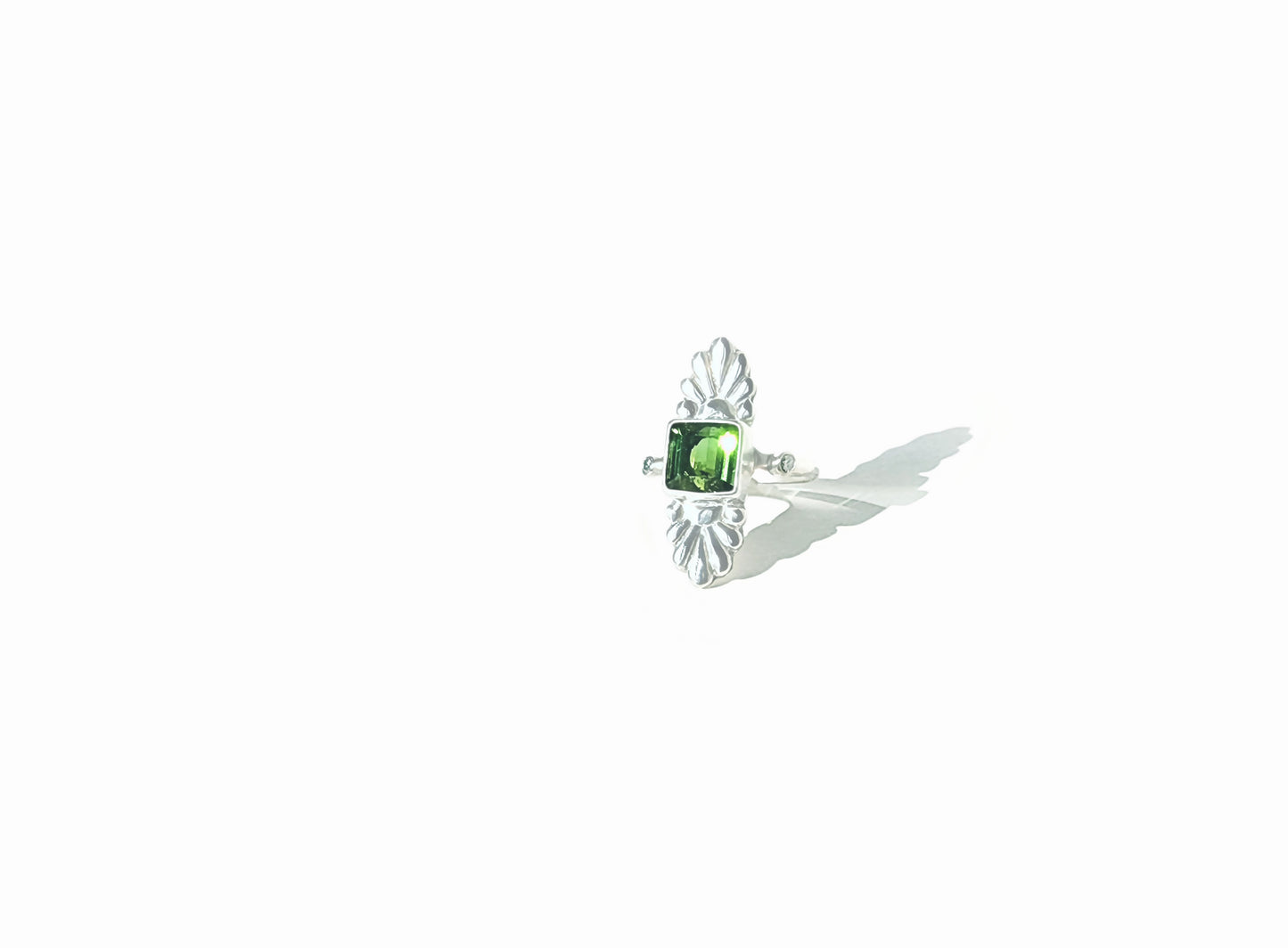 Faceted Square Cut Green Tourmaline & Diamond Silver Flower Ring