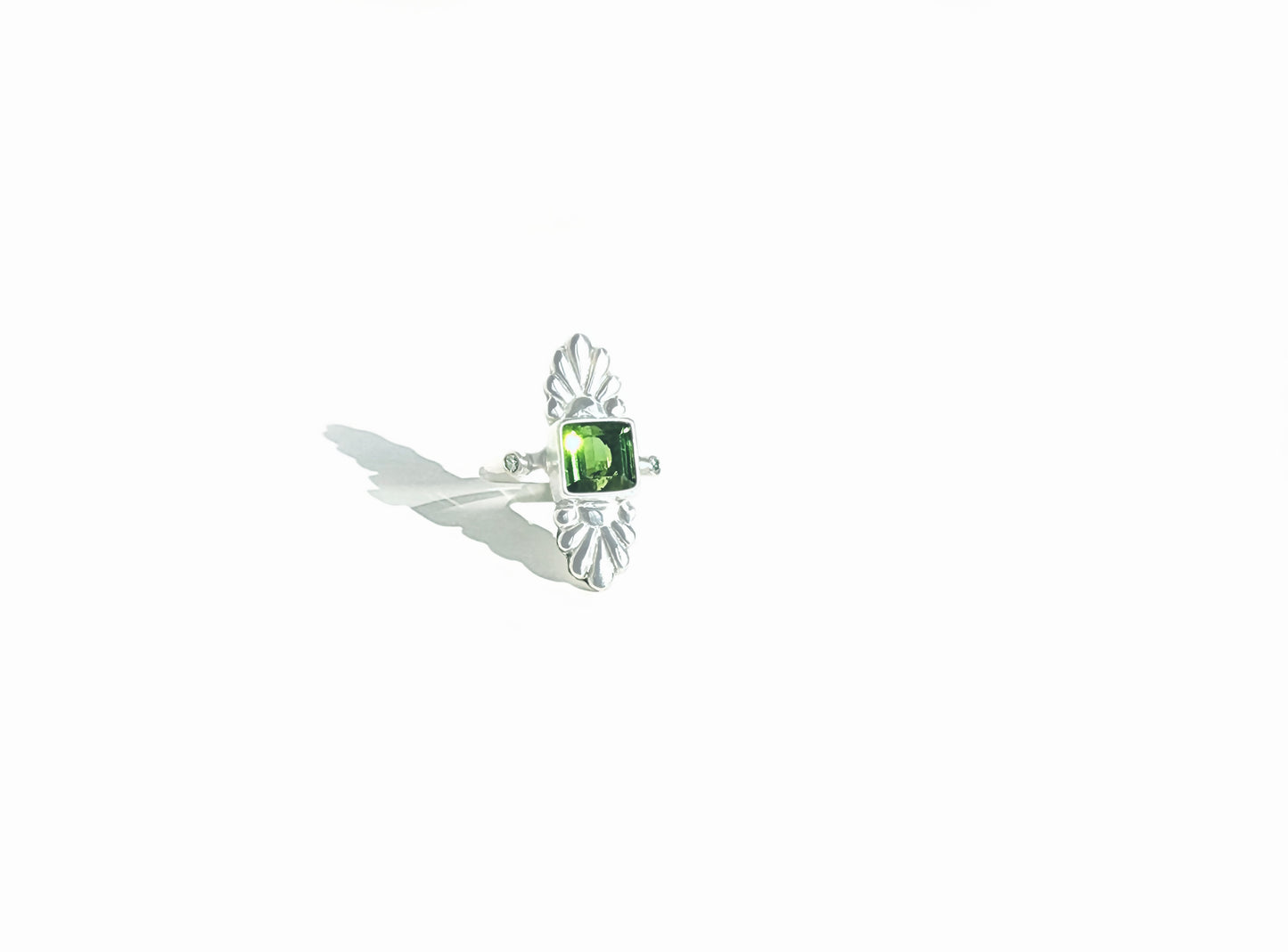 Faceted Square Cut Green Tourmaline & Diamond Silver Flower Ring