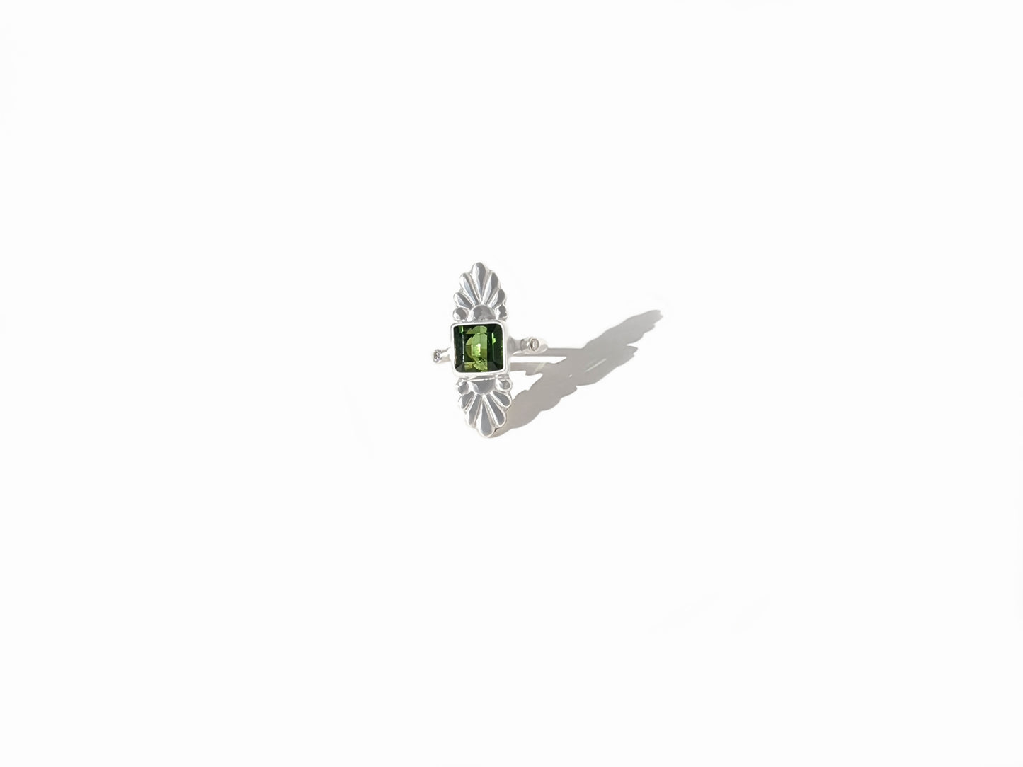 Faceted Square Cut Green Tourmaline & Diamond Silver Flower Ring