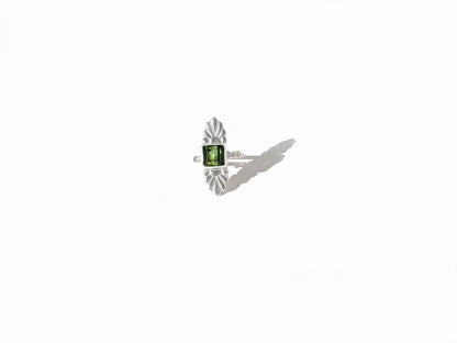 Faceted Square Cut Green Tourmaline & Diamond Silver Flower Ring