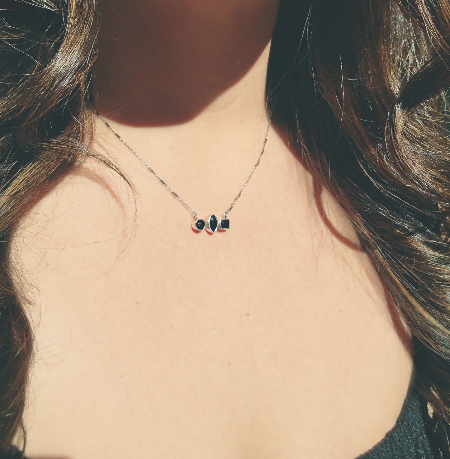 Mixed Shaped Black Tourmaline Trio Necklace in Sterling Silver