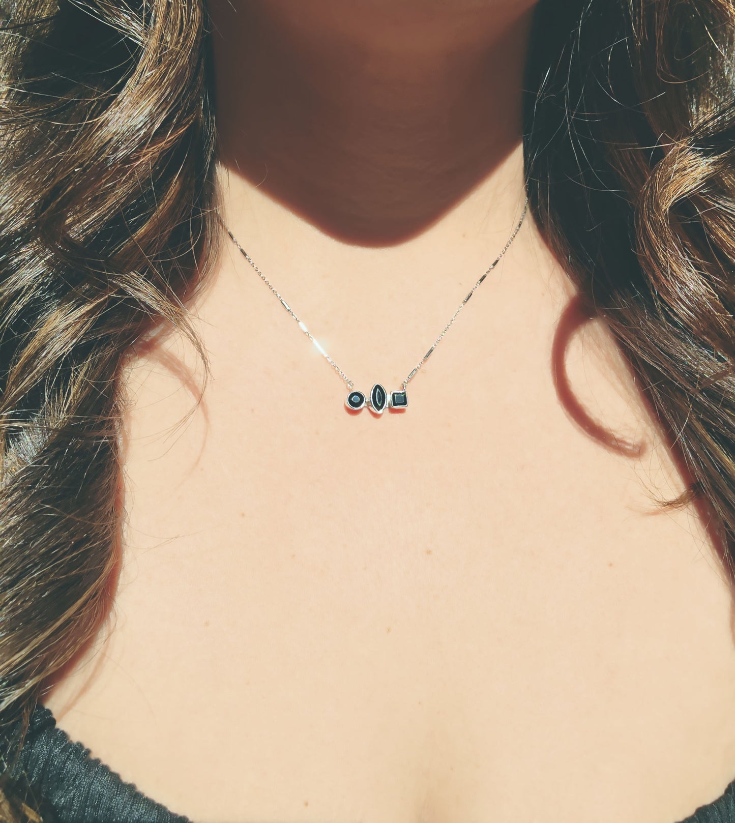 Mixed Shaped Black Tourmaline Trio Necklace in Sterling Silver