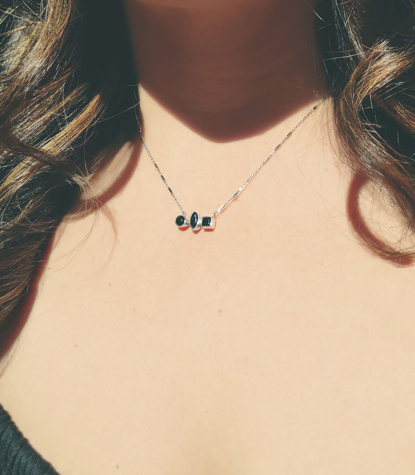 Mixed Shaped Black Tourmaline Trio Necklace in Sterling Silver