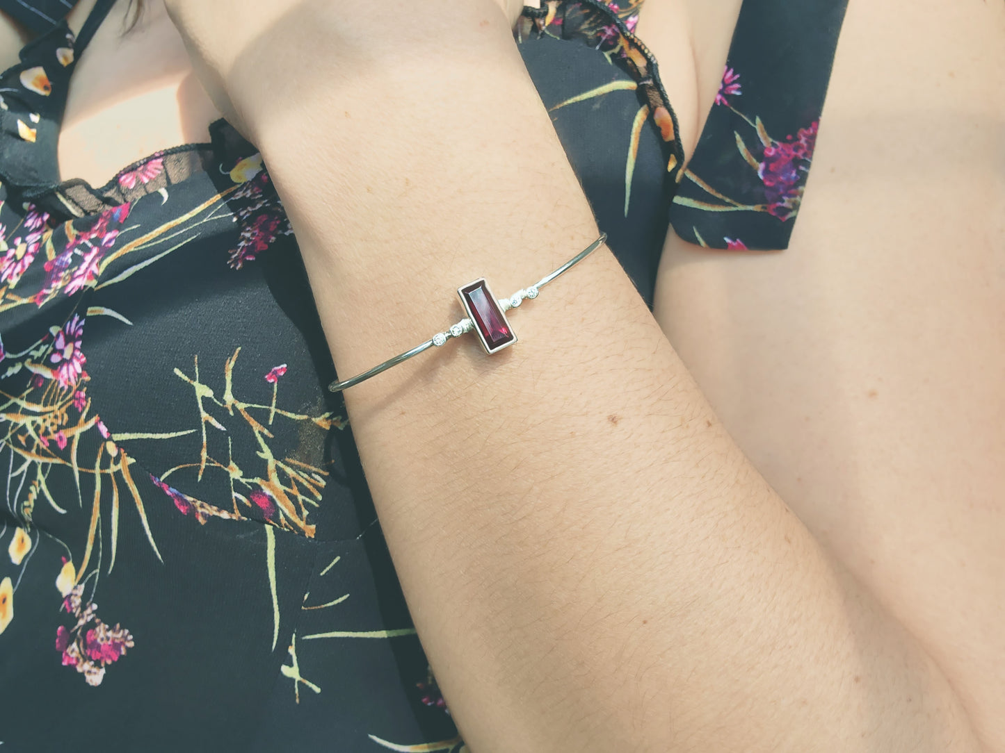 Baguette Cut Rhodolite Garnet & Diamond Cuff Bracelet