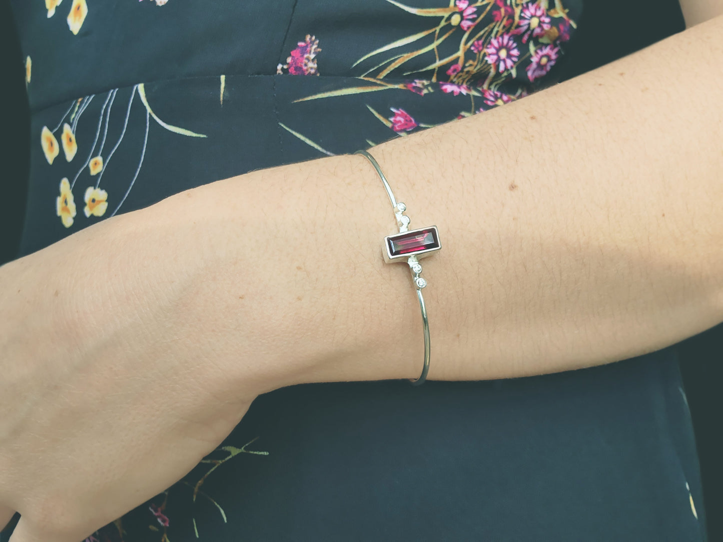 Baguette Cut Rhodolite Garnet & Diamond Cuff Bracelet