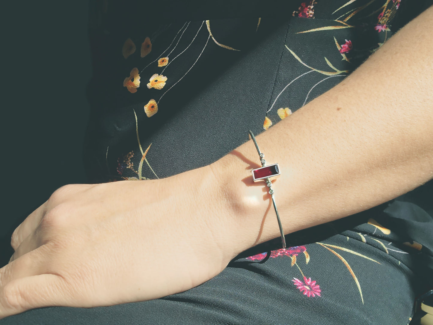 Baguette Cut Rhodolite Garnet & Diamond Cuff Bracelet